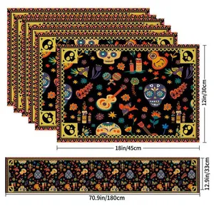 Day of the Dead placemats and table runner set with colorful sugar skull pattern
