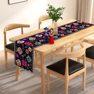 Day of the Dead table runner featuring colorful sugar skulls on a wooden dining table