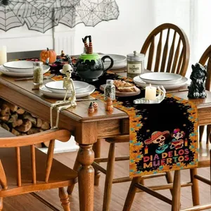 Premium Mexican linen table runner with Day of the Dead skull and mandala floral patterns