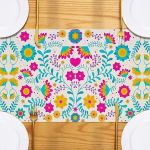Mexican style linen table runner with colorful floral embroidery print for dining