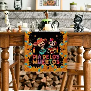 Vintage Mexican Dia de los Muertos linen table runner with colorful skull pattern design