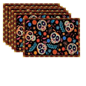 Set of 4 Mexican Sugar Skull placemats with colorful floral mandala print patterns