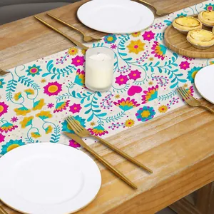 Mexican style linen table runner with colorful floral print for dining table decoration