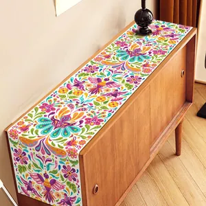 Chemin de table en lin style mexicain Otomi avec motifs de fleurs et oiseaux colorés