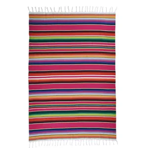 Authentic Mexican serape striped table runner with decorative white fringe tassels