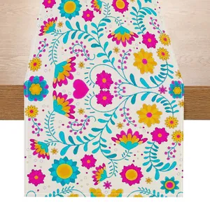 Mexican style linen table runner with vibrant colorful floral pattern for dining decor
