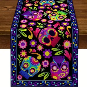 Chemin de Table Mexicain Jour Des Morts Halloween Crâne de Sucre Imprimé Floral Cuisine Fête Extérieur Maison Décor