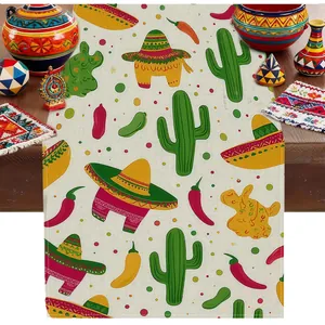 Mexikanischer Tischläufer mit Kaktus- und Sombrero-Print für Partydeko