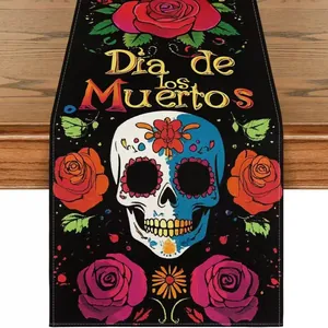 Linen table runner featuring traditional Day of the Dead sugar skull and rose pattern