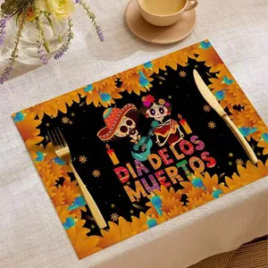 Colorful Mexican Day of the Dead placemat with skeleton and marigold design