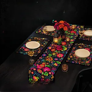 Vibrant Mexican Fiesta table runner and placemat set with colorful floral pattern design.