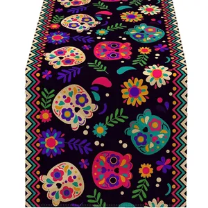Mexican Day of the Dead table runner with vibrant floral sugar skull print pattern