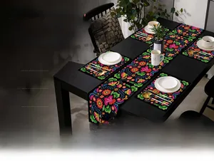Detailed view of 5-piece Mexican floral dining set with table runner and placemats