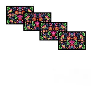 Vibrant Mexican floral placemats set of 4 with folk art pattern on black background