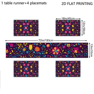 Mexican floral table runner and 4 placemats set for Halloween party dining decor