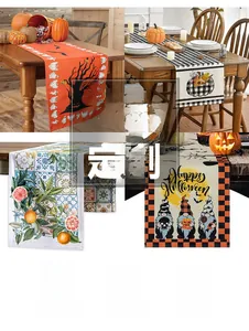 Collage showing four different Halloween themed table runners with gnomes and pumpkins