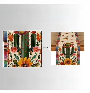 Mexican fiesta table runner with vibrant cactus and flower patterns on wooden table