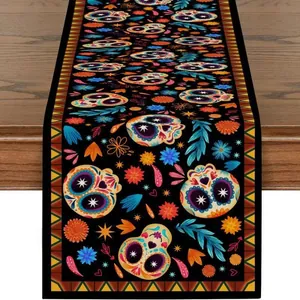 Runner da tavola in lino vibrante con teschi messicani e motivi floreali mandala