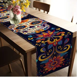 Mexican sugar skull table runner with vibrant floral patterns on a wooden dining table