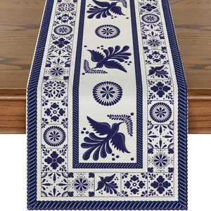 Detail view of Mexican folk art style table runner with blue bird and floral patterns