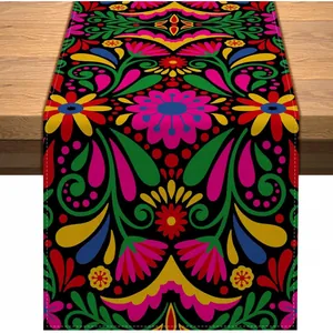 Mexican folk art floral table runner for Day of the Dead and Halloween home decor