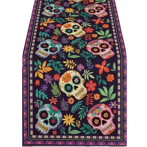 Chemin de table lin mexicain Jour des Morts imprimé fleurs et têtes de mort colorées