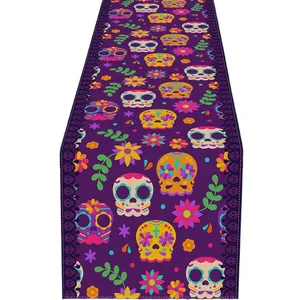 Mexican Day of the Dead table runner with colorful sugar skulls and vibrant floral patterns