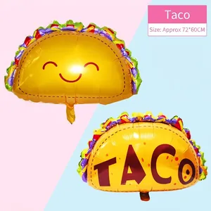 Detail showing a taco shaped foil balloon with colorful edges and a smile face design.
