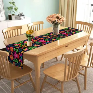 Detail view of Mexican Fiesta table runner with colorful floral and bird patterns on linen