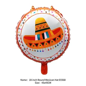 Close-up detail of a round foil balloon featuring a colorful Mexican sombrero print