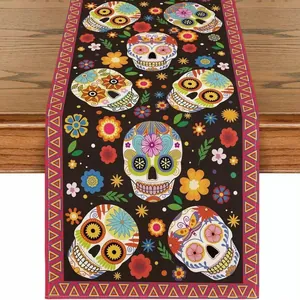 Mexican Day of the Dead table runner with sugar skull patterns for Halloween decor.