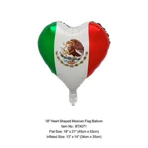 Heart-shaped Mexican flag aluminum foil balloon with detailed dimensions and product SKU