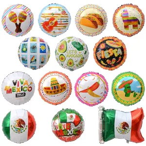 Assorted Mexican Fiesta foil balloons featuring cactus, taco, and flag designs