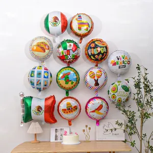 Detailed collection of 12 Mexican themed festive foil balloons with vibrant Fiesta and Viva Mexico prints