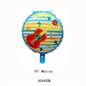 Detailed view of 18-inch Mexican theme foil balloon with guitar and cactus patterns