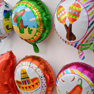 Close-up of Mexican Independence Day foil balloons with cactus and sombrero patterns.