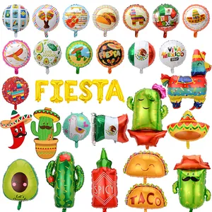 Mexican Fiesta balloon set with cactus, taco, and piñata shapes for party decor.