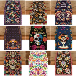 Mexican Day Of The Dead Table Runner Linen Floral Sugar Skull Print Tablecloth For Halloween Carnival Dining Room Decor