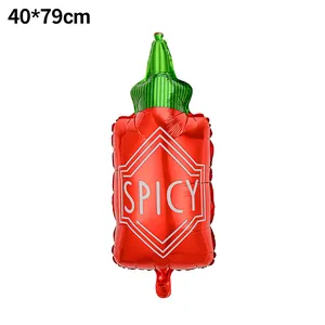 Detail of red spicy sauce bottle shaped aluminum foil balloon for party decor.