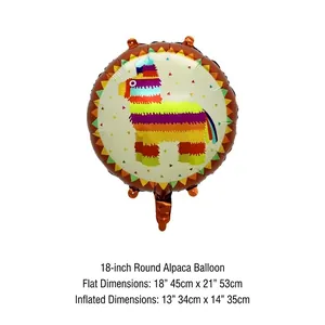 Colorful Mexican Piñata llama round foil balloon showing flat and inflated dimensions