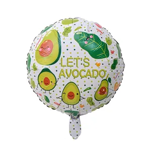 Detail of 18 inch round foil balloon featuring cute cartoon avocado illustrations