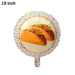 Detailed view of the Mexican taco print on an 18-inch round foil party balloon