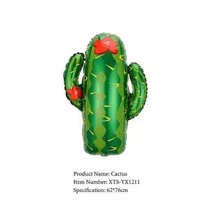 Detailed view of a green cactus foil balloon with red flowers for Mexican theme party