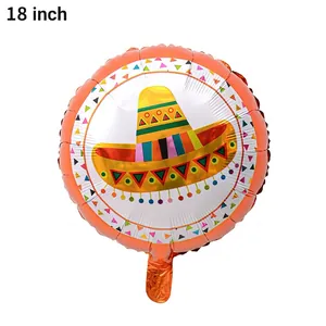 Detailed view of an 18-inch round foil balloon with a colorful Mexican sombrero hat design