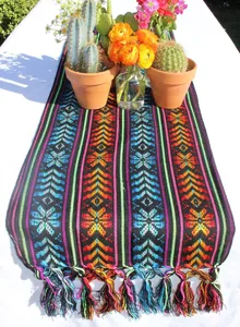 Détail d'un chemin de table mexicain avec des motifs colorés et des pompons frangés