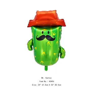 Detailed view of Mexican cactus foil balloon with hat and mustache including dimensions