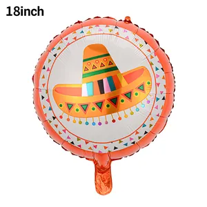 Detail view of 18-inch round foil balloon with vibrant Mexican sombrero hat design