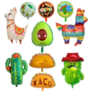 Detailed view of various Mexican Fiesta themed foil balloons including llama and taco