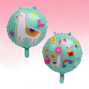 Detailed close-up view of mint green llama and doodle pattern round foil party balloons