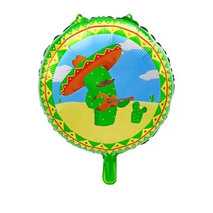 Detailed view of Mexican theme foil balloon featuring a cartoon cactus playing a guitar